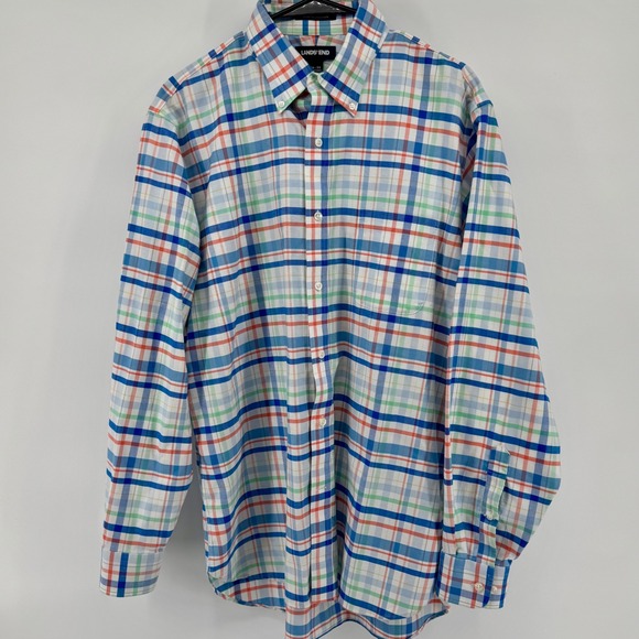 Lands' End Mens 16-35 Button Down Shirt Supima‎ No Iron Oxford Plaid Casual L - Picture 2 of 8